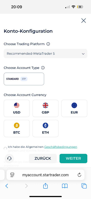 Kontokonfiguration - Währung auswählen
